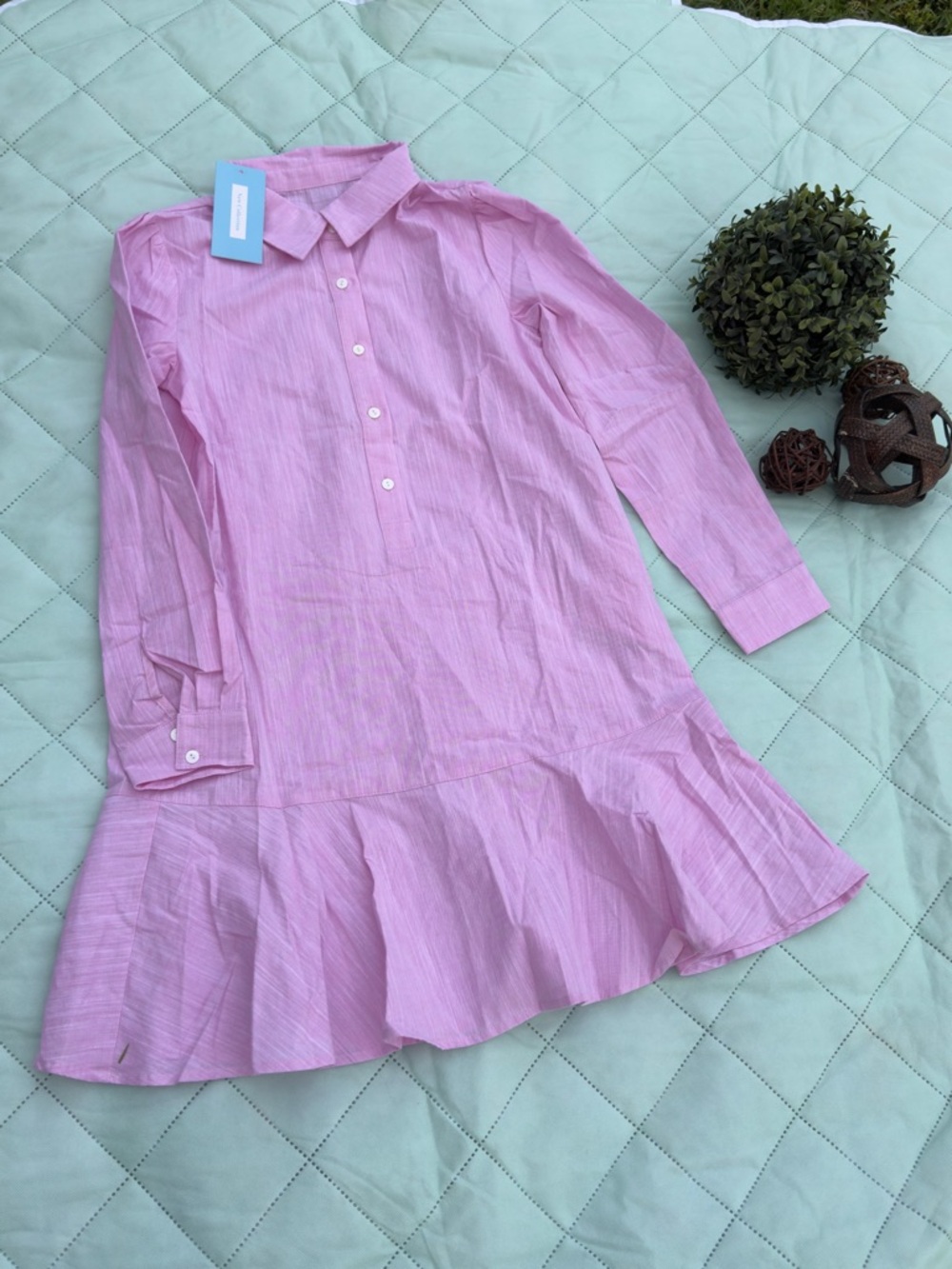 Pink Button-Front Ruffle Hem Shirt Dress
